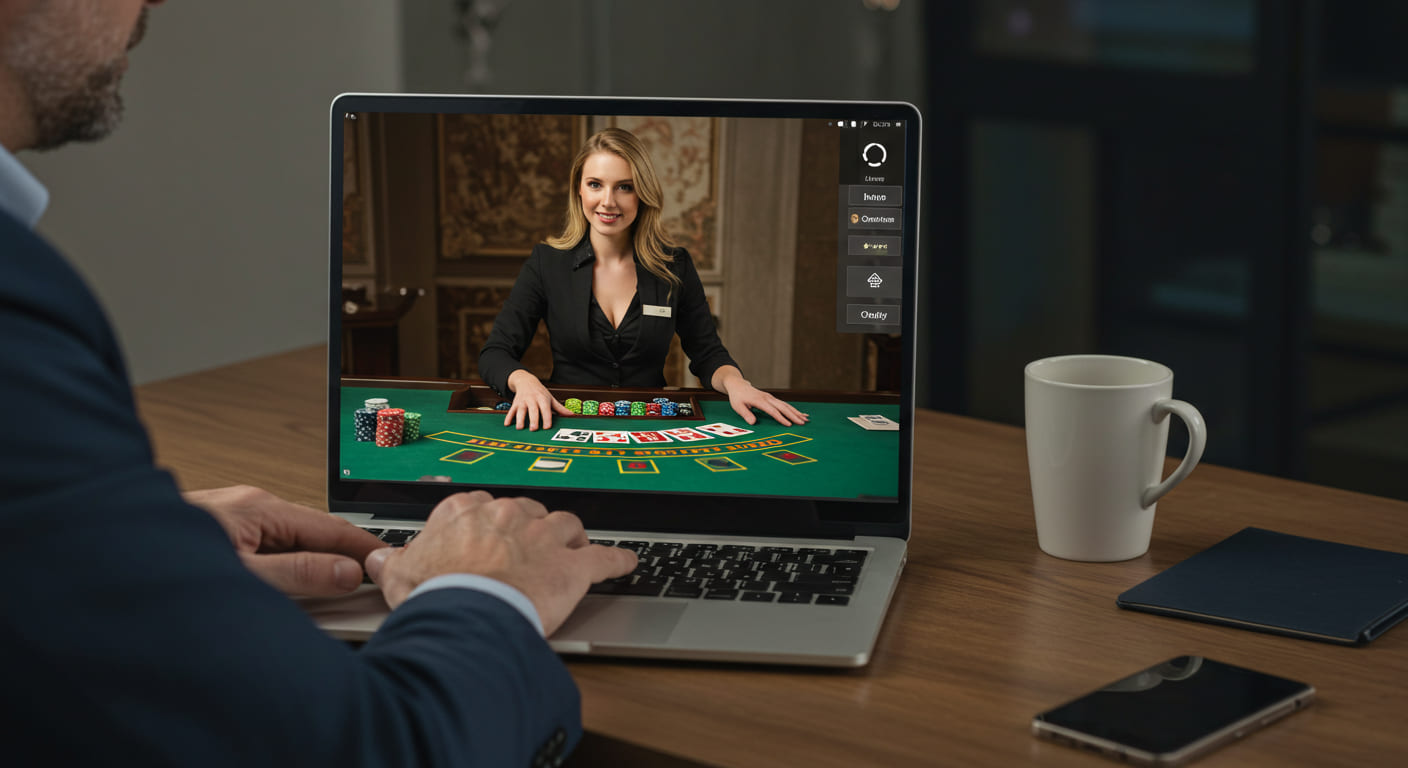 A man is playing with a Live Casino Dealer, that is dealing a blackjack hand